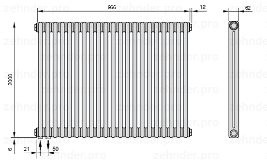 Схема (чертеж) Радиатор Zehnder Charleston 2200/21 №3370 Белый глянцевый RAL 9016